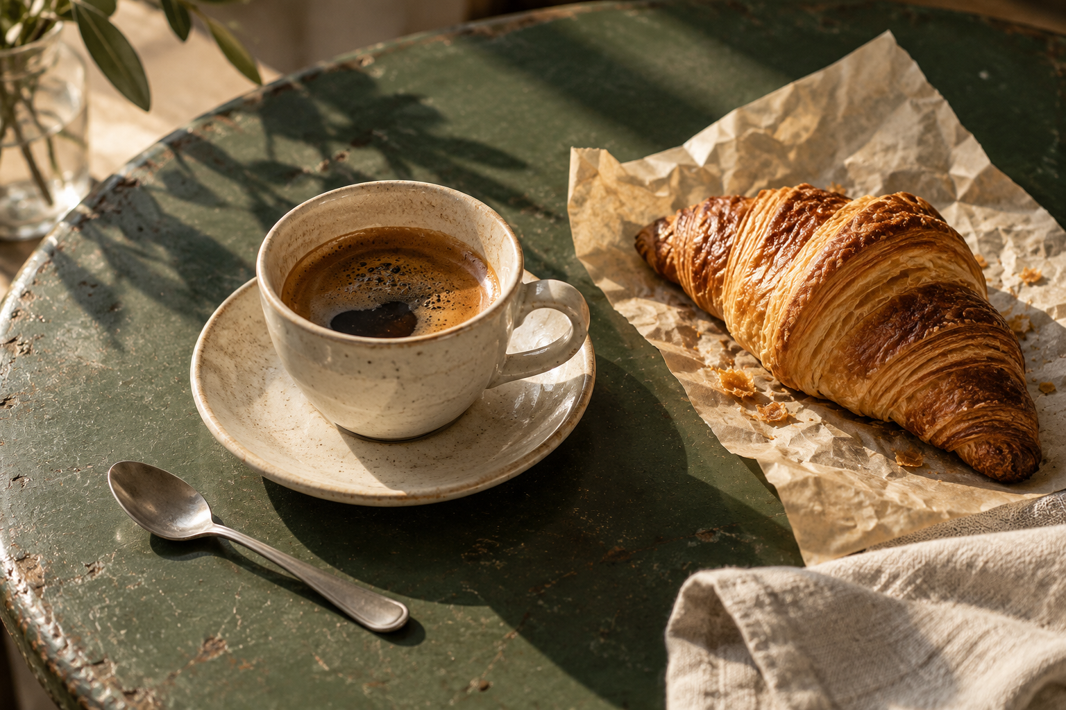 Generated concept photograph of coffee and a croissant on a green table