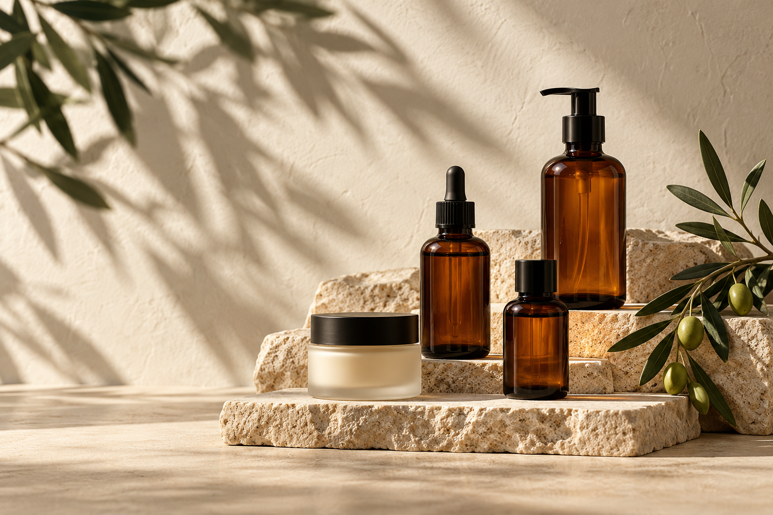 Generated concept photograph of amber bottles on pale stone