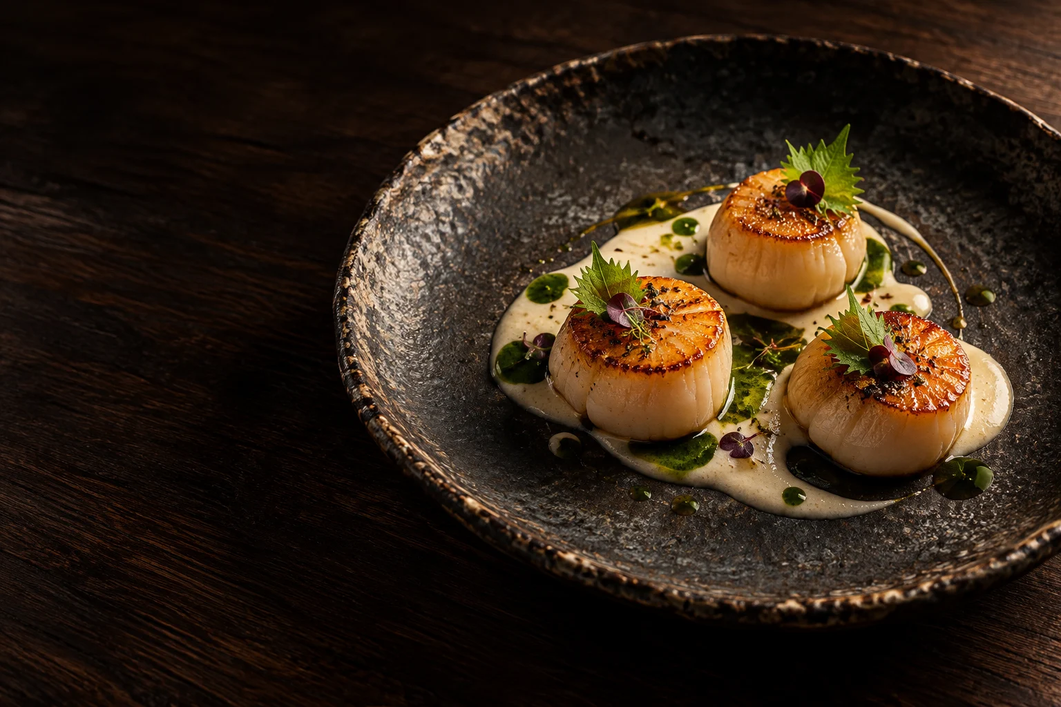 Signature scallop dish on handmade ceramic