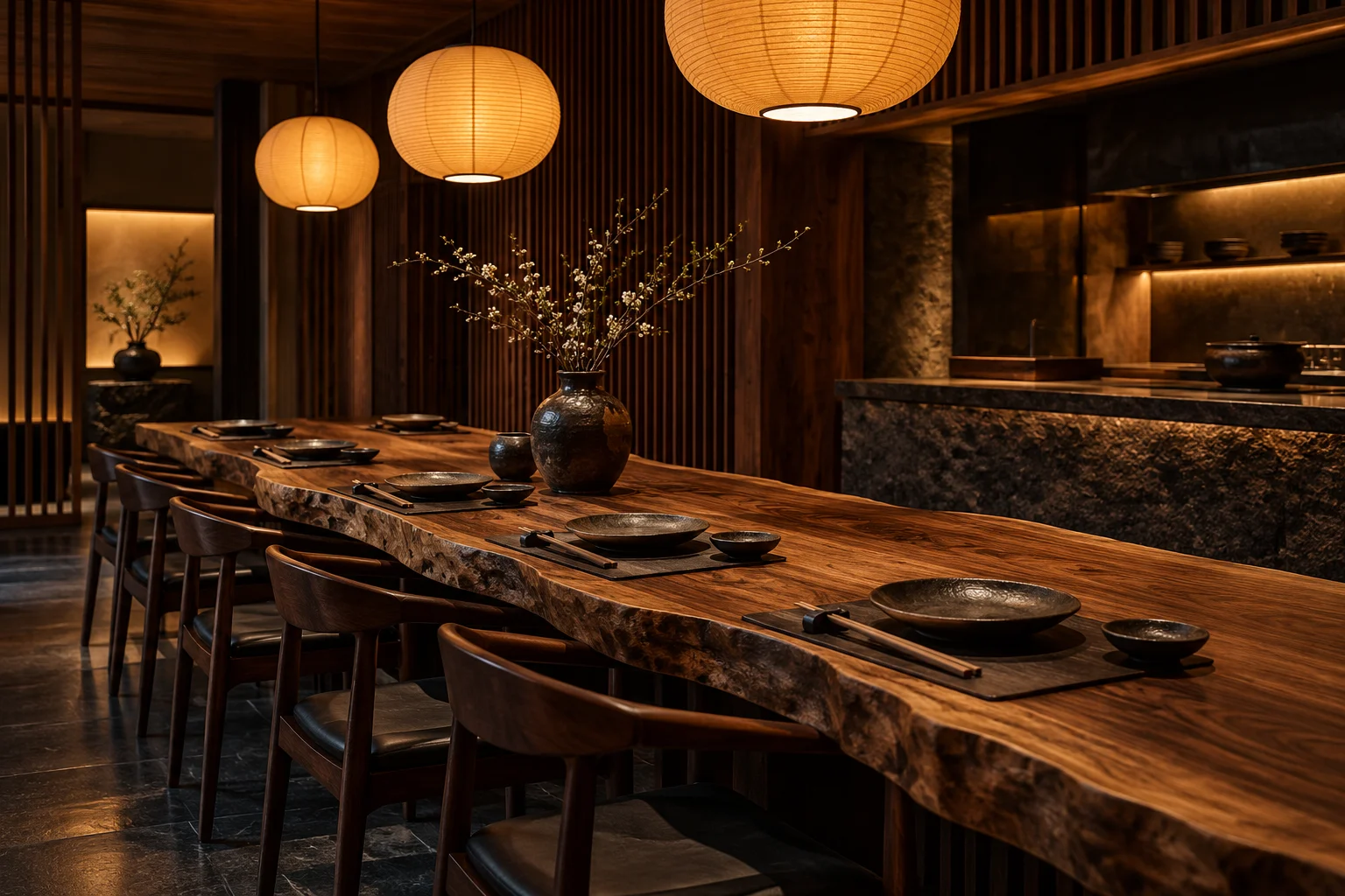 Imagined intimate dining room with warm wood, ceramics and paper pendant lamps