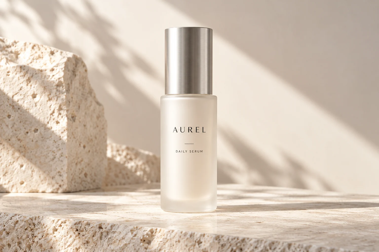 Frosted Aurel serum bottle on pale limestone